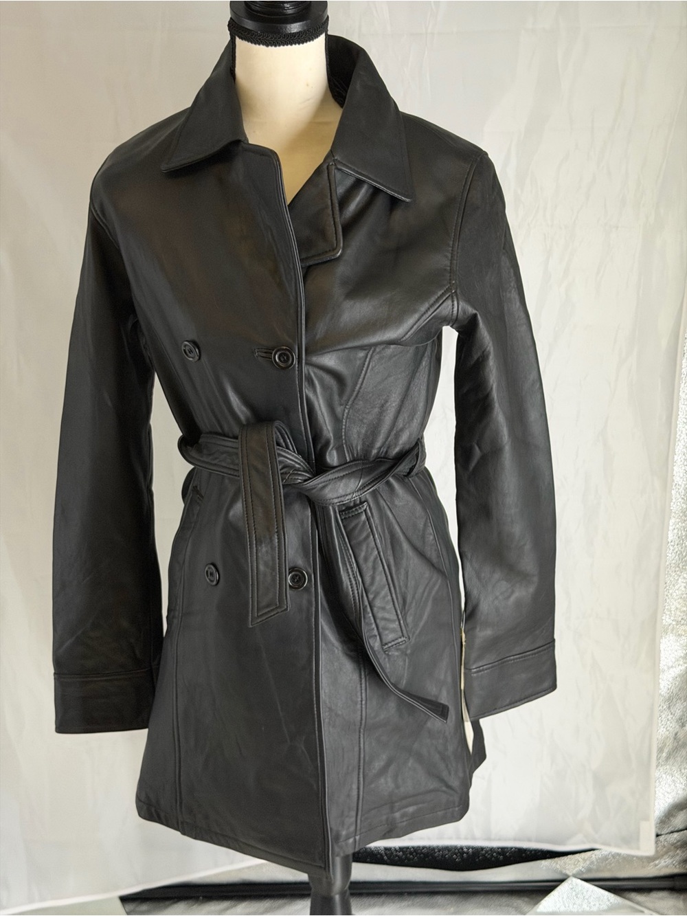 Lucky Leather NWT Women Double Breasted Black Lambskin Trench Coat Sz Sm $599
